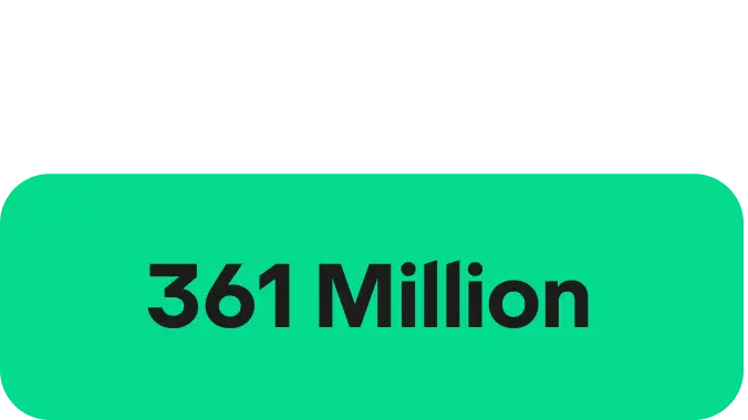 A green rectangle with rounded edges and the words '361 Million' written in a Black font in the centre