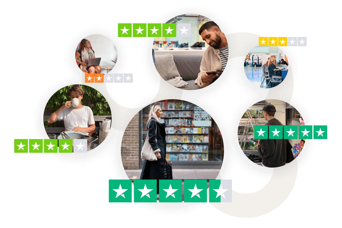 A circular collage showing various people in different settings (working on laptops, using phones, shopping, drinking coffee, walking), interconnected by lines, with the various Trustpilot green, yellow, and orange star ratings floating around them.