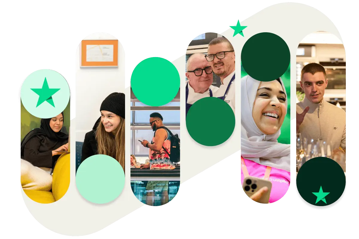 A graphic showing 6 different images of various people in each one. Each image is displayed in a tall oval shape with the Trustpilot star appearing on either end.