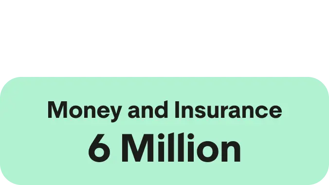 A Green icon showcasing a large Green circle and two smaller ones on the right hand side. The words Money and Insurance
6 Million are written in the centre.
