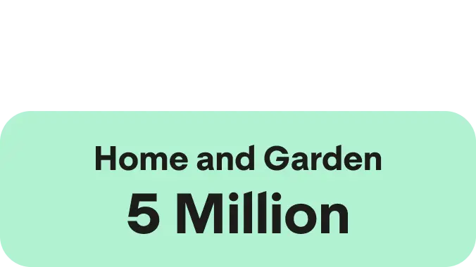 A Green icon showcasing a large Green circle and two smaller ones on the right hand side. The words Home and Garden
4.9 Million are written in the centre.