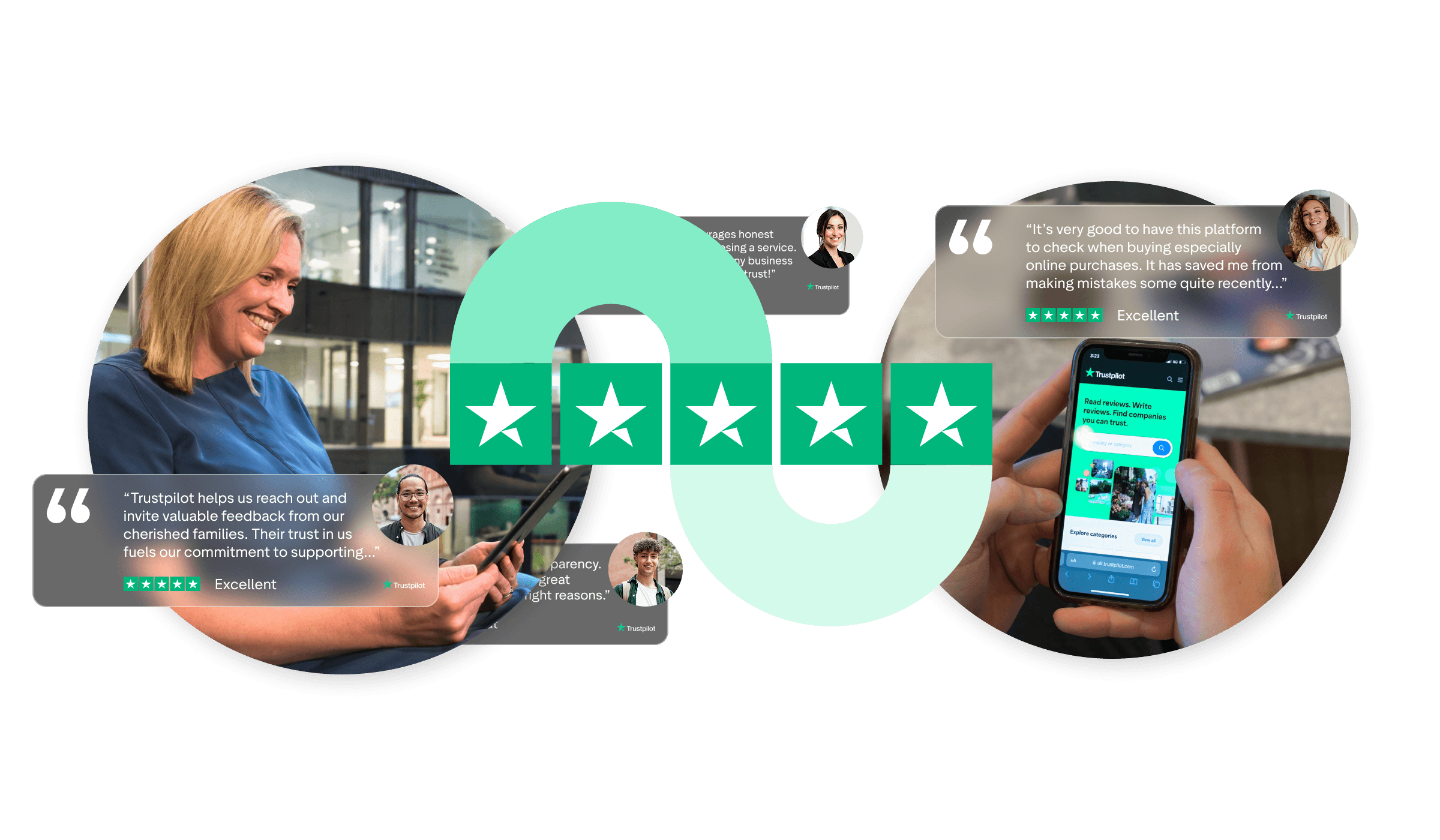 A photo of a woman looking at the Trustpilot website on her Tablet with overlays of the Trustpilot 5 star rating as well as a few 5 star reviews